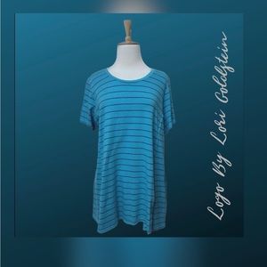LOGO by Lori Goldstein Washed Striped Knit Top Swing Hem Blue 2X